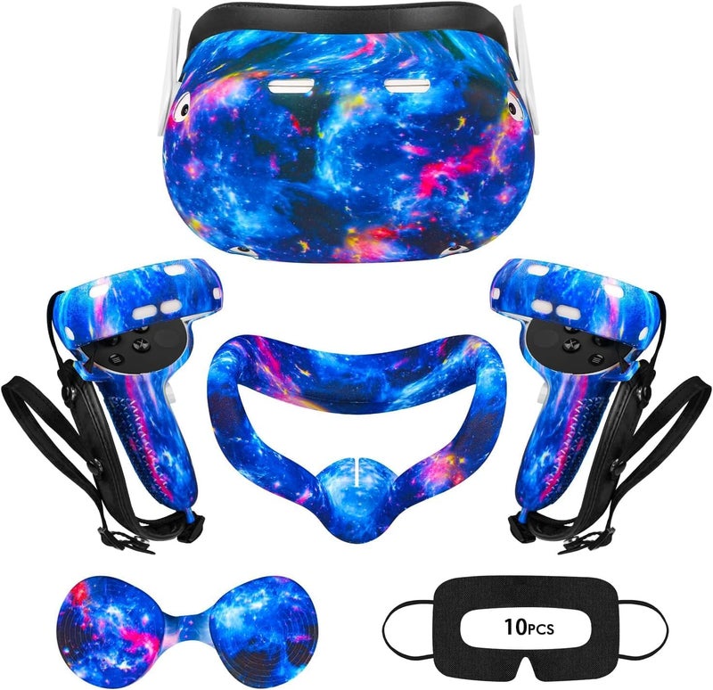 Relohas VR Accessories Kit Compatiable with Oculus Quest 2, Includes Silicone Face Cover, Controller Grips, Protective Shell, Lens Cover & 10 Disposable Eye Covers, No Signal Blocking (Starry Blue) - Image 1